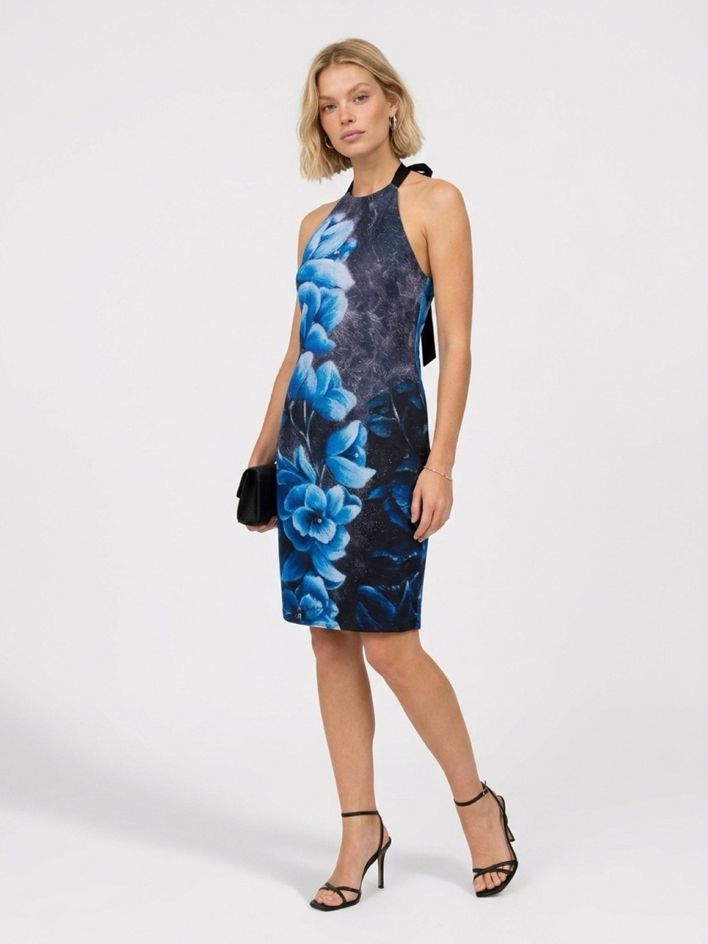 Hand painted Blue Floral Halter Sheath Dress